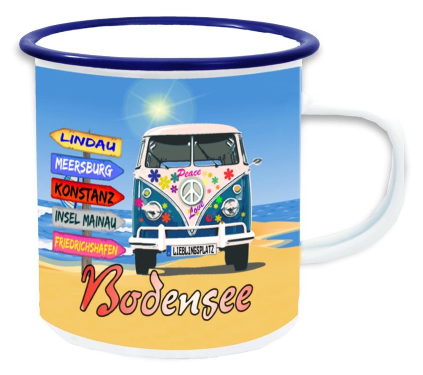DZ-0/9346/266 EMAILLE TASSE BODENSEE VW-BULLI + WEGWEISER