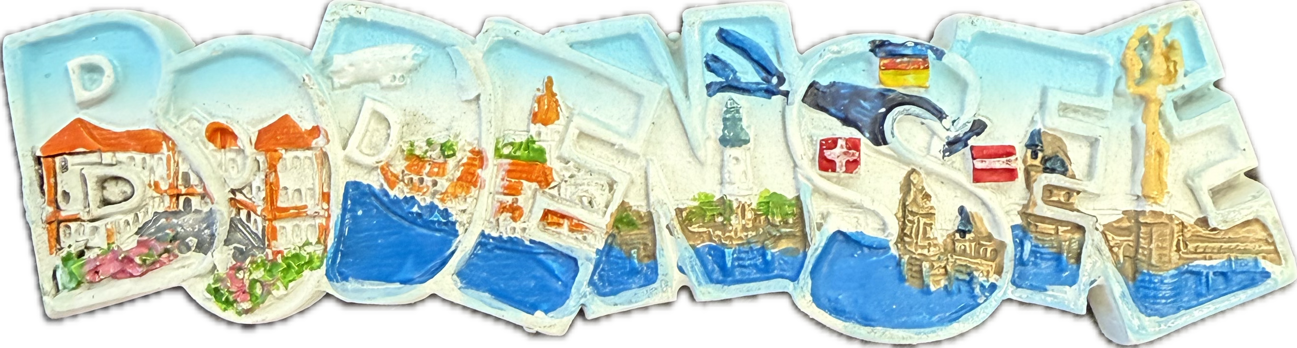 Magnet als hellblauer Bodensee-Schriftzug mit Sehenswürdigkeiten und Länderflaggen