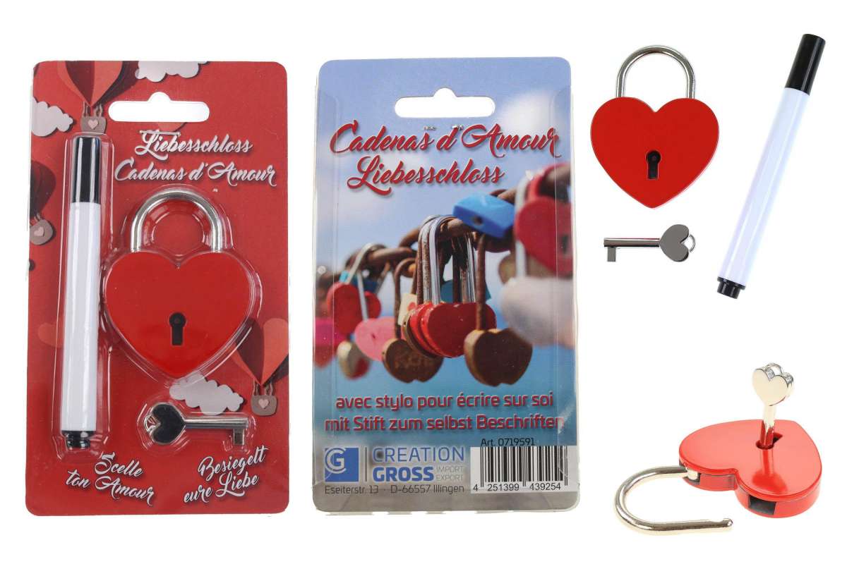 CG-0719591 Liebesschloss Herzform rot, mit Stift, Karte
