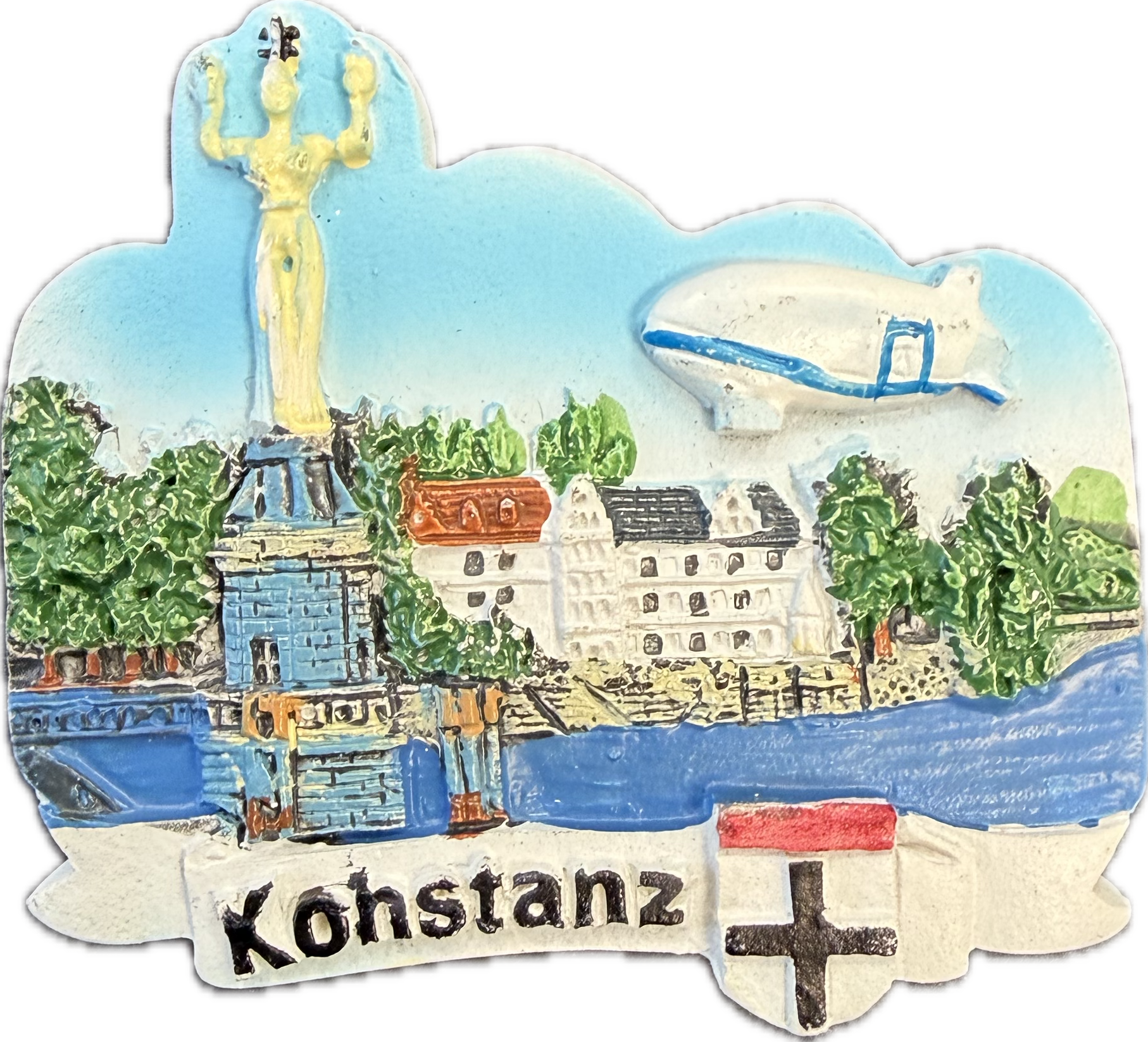 Konstanz-Magnet mit Imperia, Zeppelin und Stadtwappen auf blauem Hintergrund